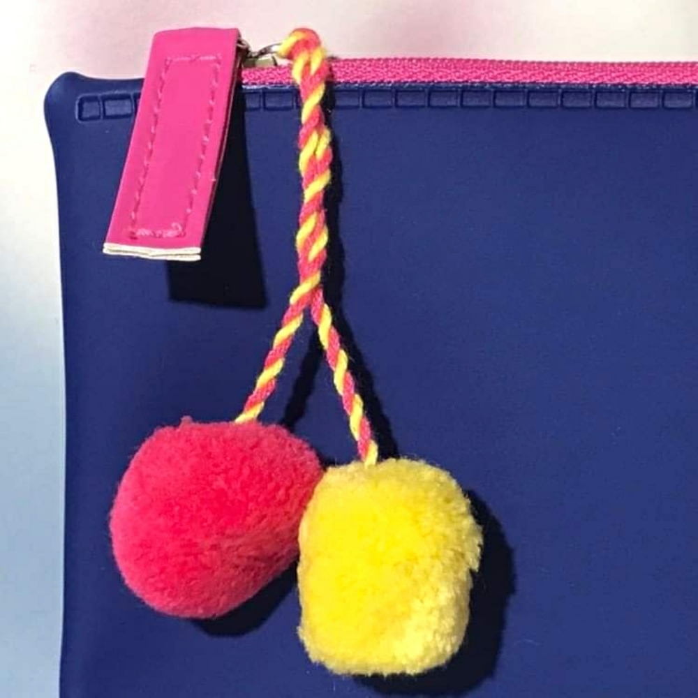 LE Boxycharm Blue Jelly Bag Cosmetic Toiletry Makeup with Neon Pom Poms *BNIP